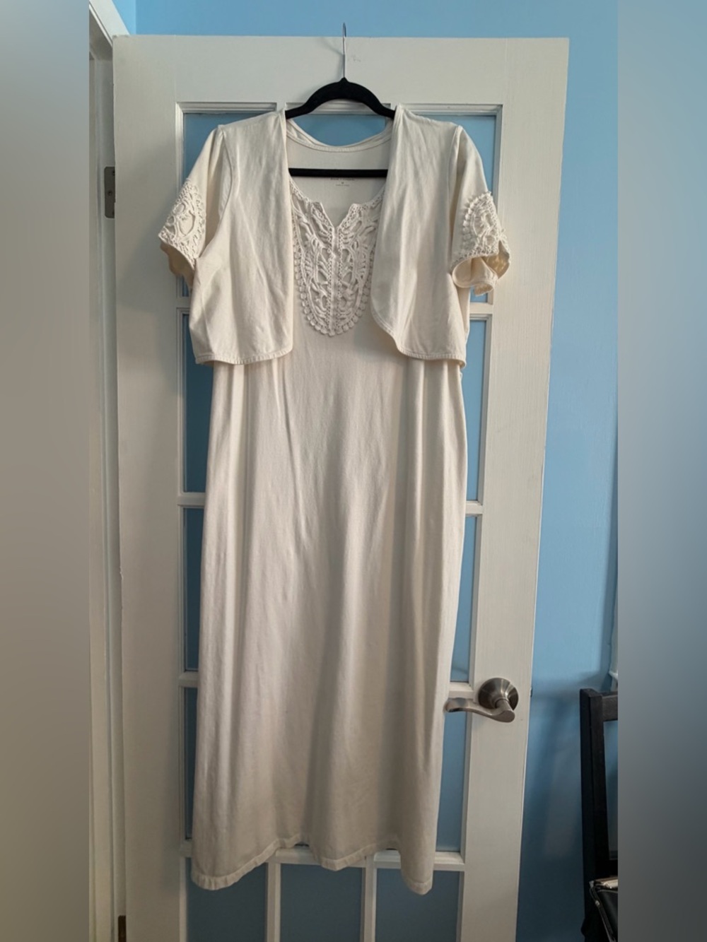 Denim and Co Maxi Dress with Crochet Detail and Bolero style jacket.